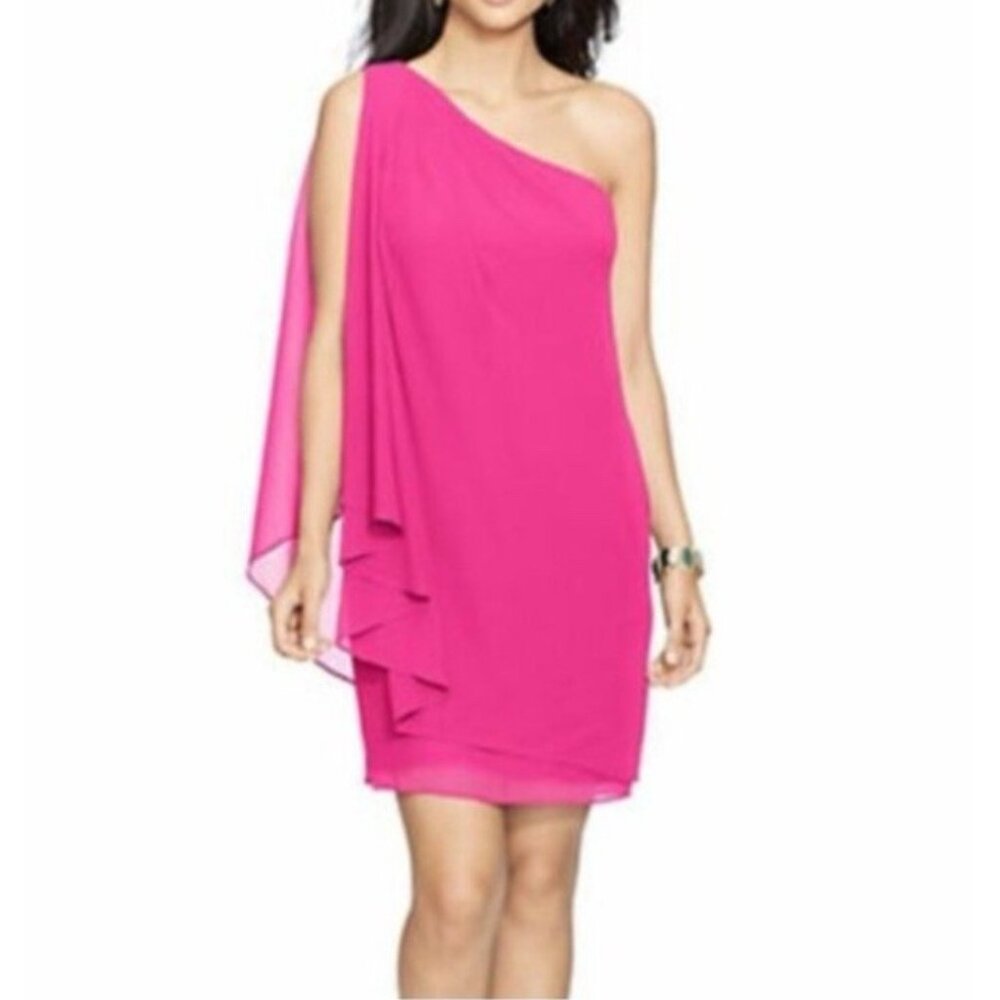 Ralph Lauren Shift Dress 6 Maison Pink Georgette One Shoulder Sheer Party NEW